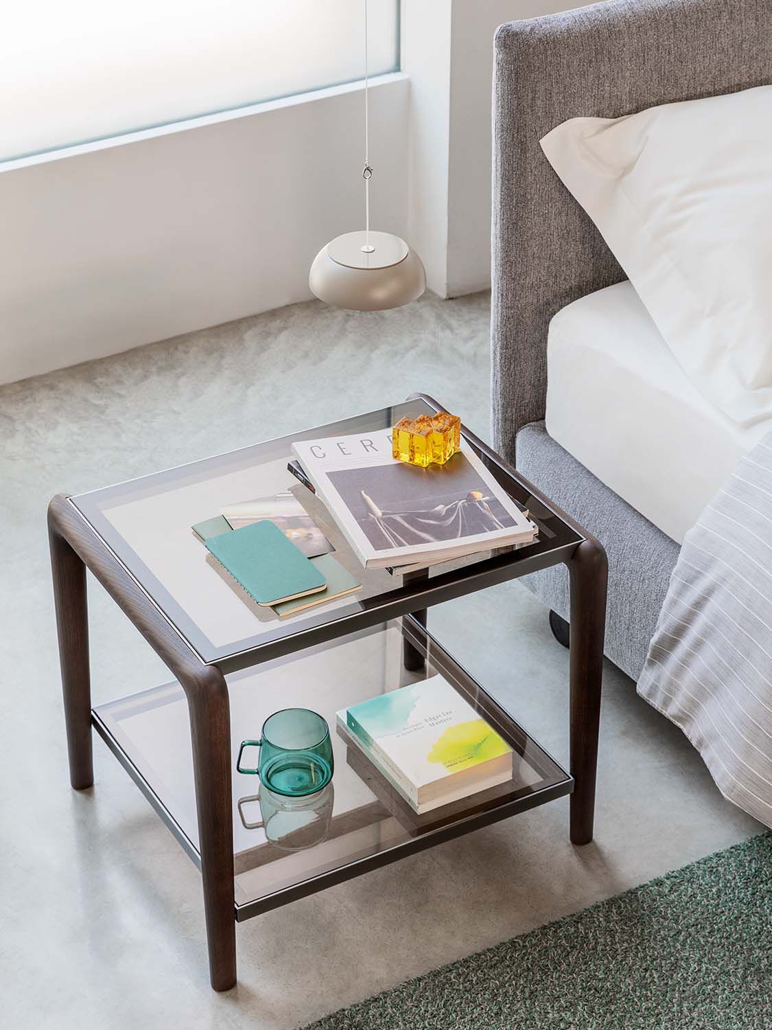 GAUDÍ Square wood and glass bedside table By Flou design Matteo Nunziati