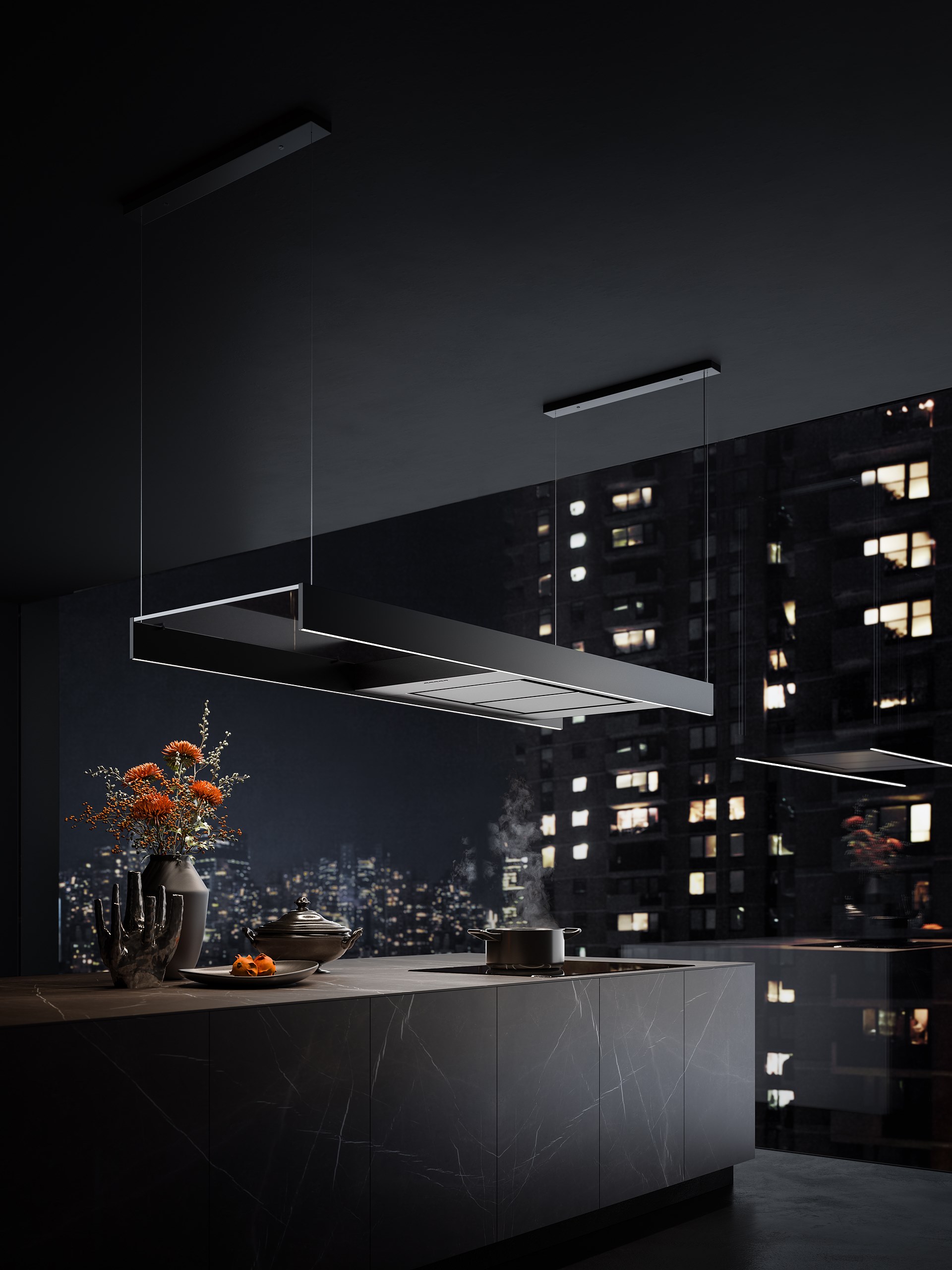DESIGN Glass and steel island hood with integrated lighting By Falmec