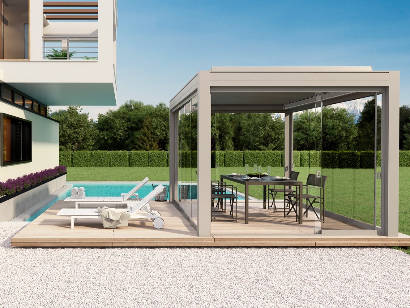 LINE GLASS by KE Outdoor Design - Sistema di chiusura a vetrate scorrevoli per pergolati