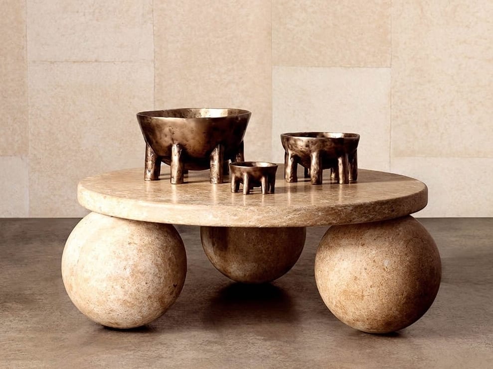 Low round travertine coffee table MORRO By Kelly Wearstler design Kelly