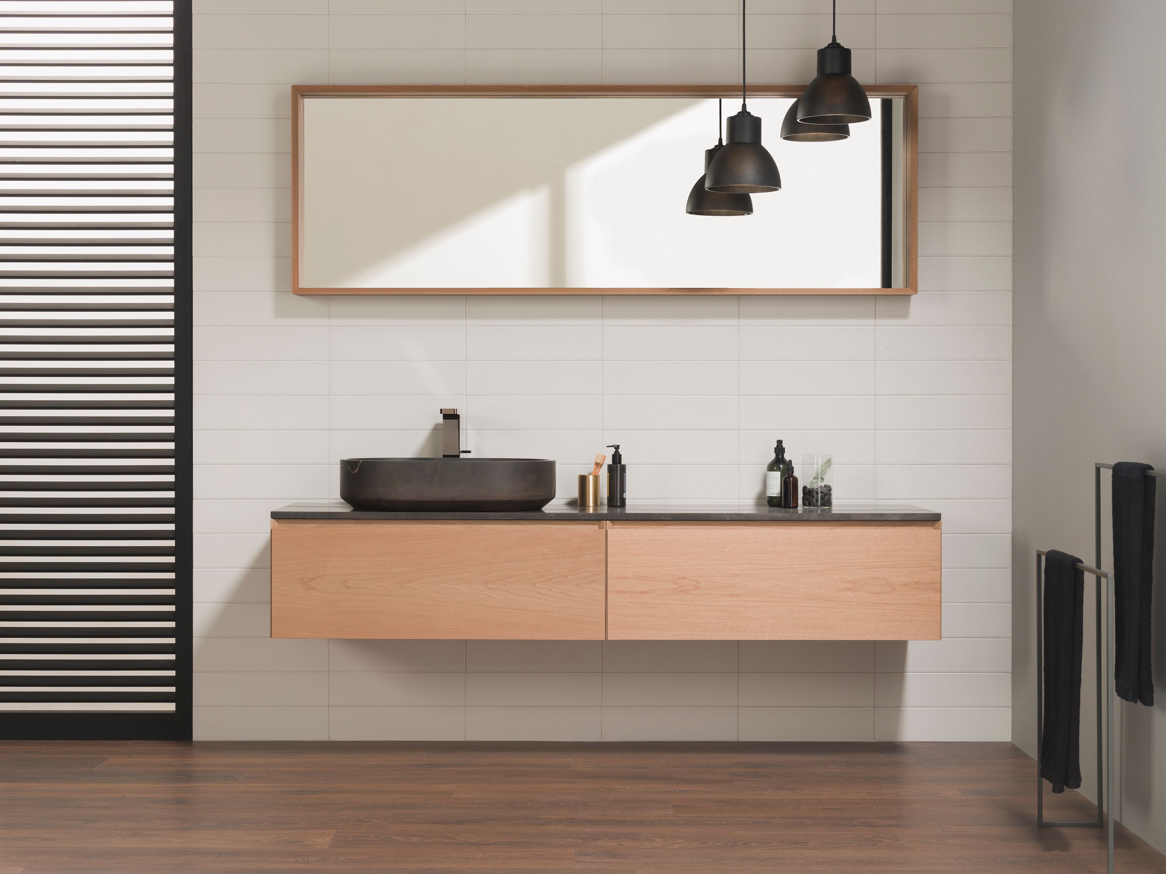 KARON Single wallmounted natural stone and wood vanity unit By Porcelanosa