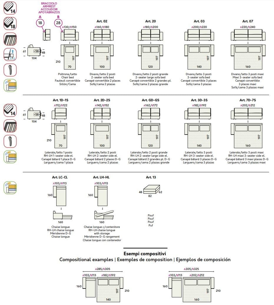 SPIKE Sofa bed with chaise longue 4 seater fabric sofa bed By Felis