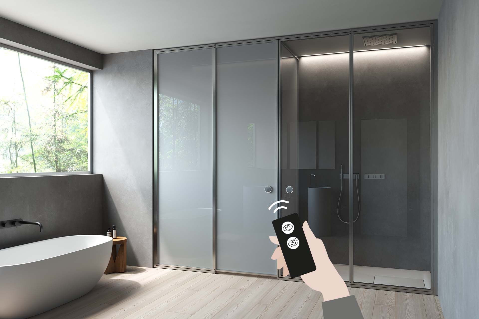 Glass and aluminium shower cabin with hinged door SUITE + SECURPLUS LCD