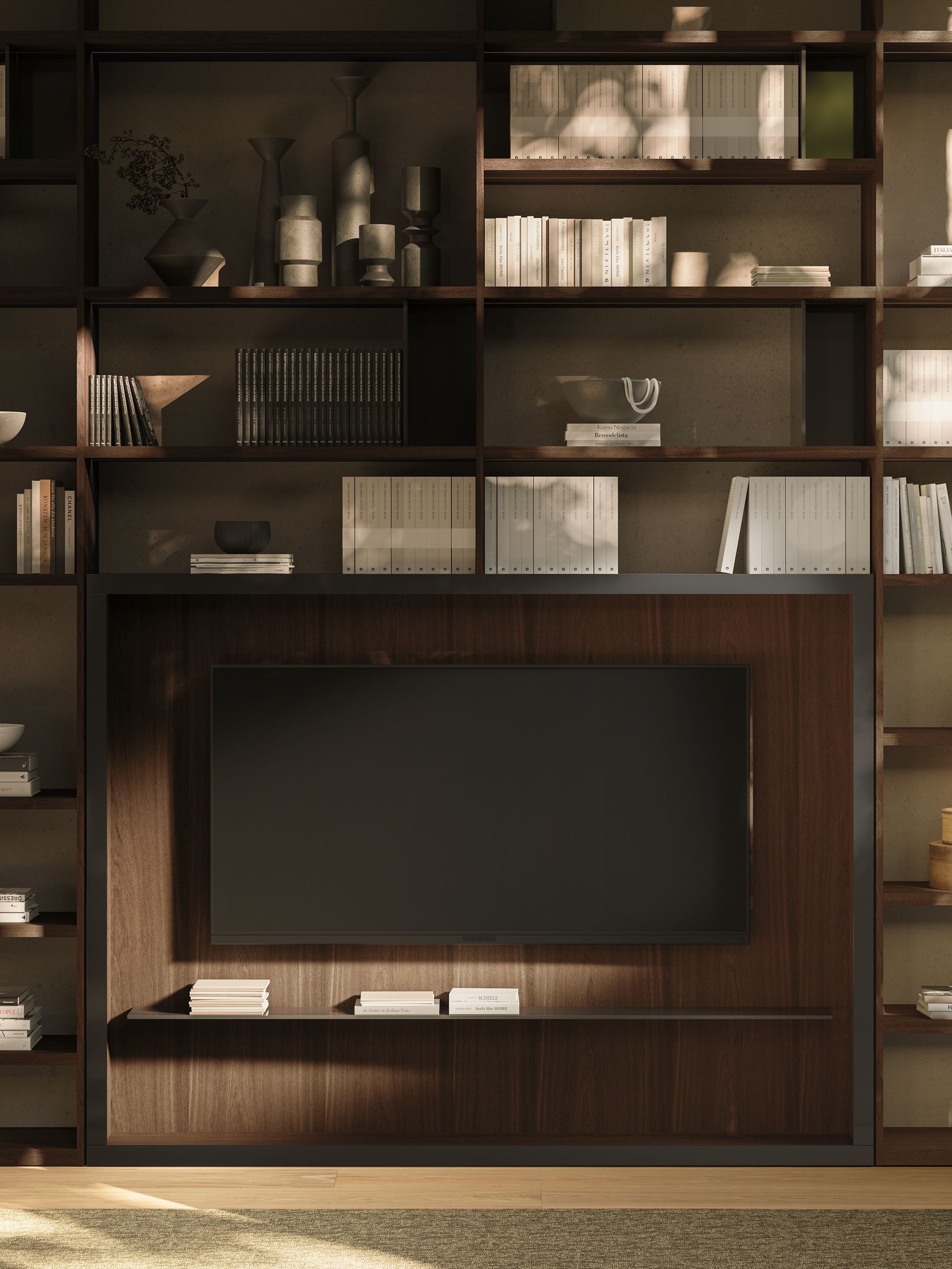 ANTIBES SYSTEMS Sectional wallmounted wooden bookcase with TV stand By Boffi design Piero Lissoni