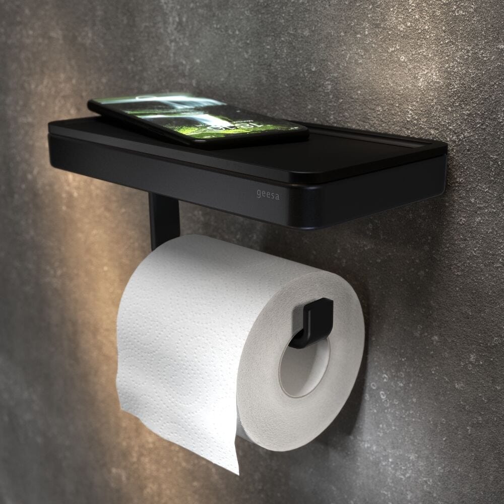 FRAME FULL BLACK Toilet roll holder with shelf Frame Collection By Geesa