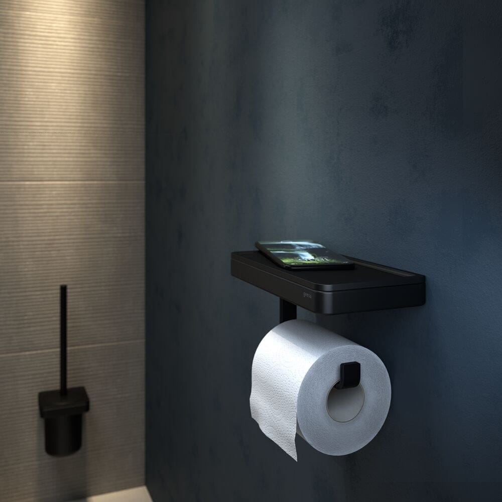 FRAME FULL BLACK Toilet roll holder with shelf Frame Collection By Geesa