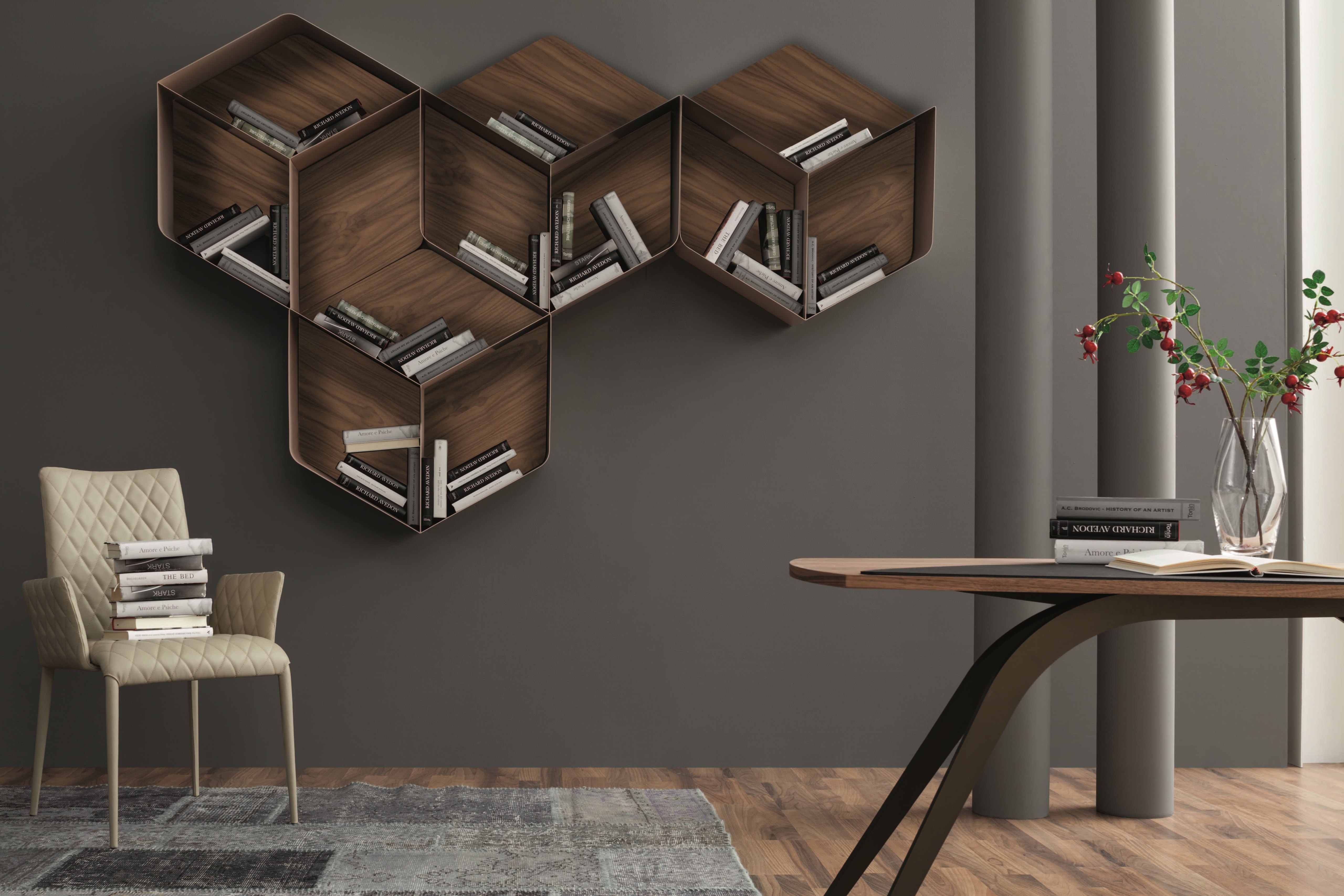 Modular floating walnut bookcase PANGEA By Tonin Casa design Angelo ...