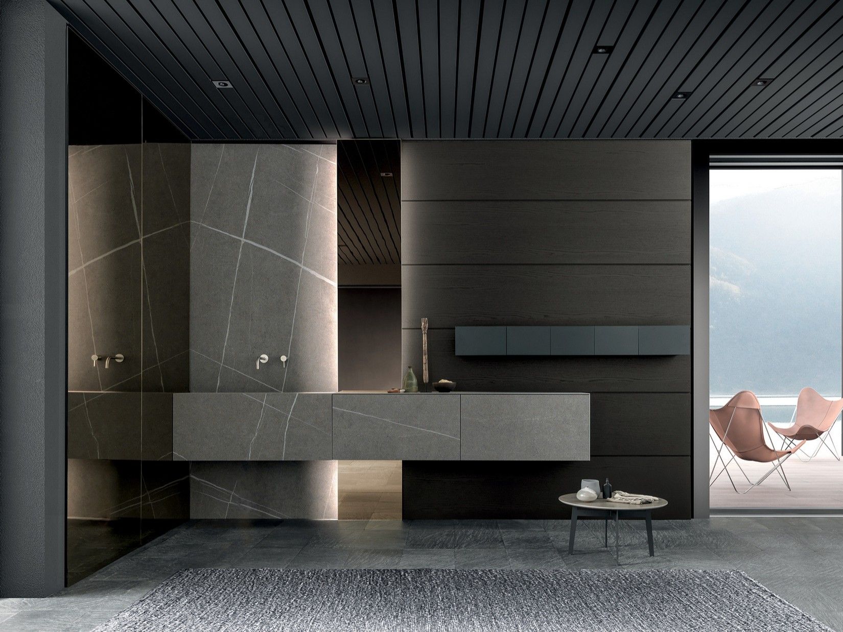 SKILL GRES by MODULNOVA - Mobile bagno in gres e rovere con specchio e illuminazione