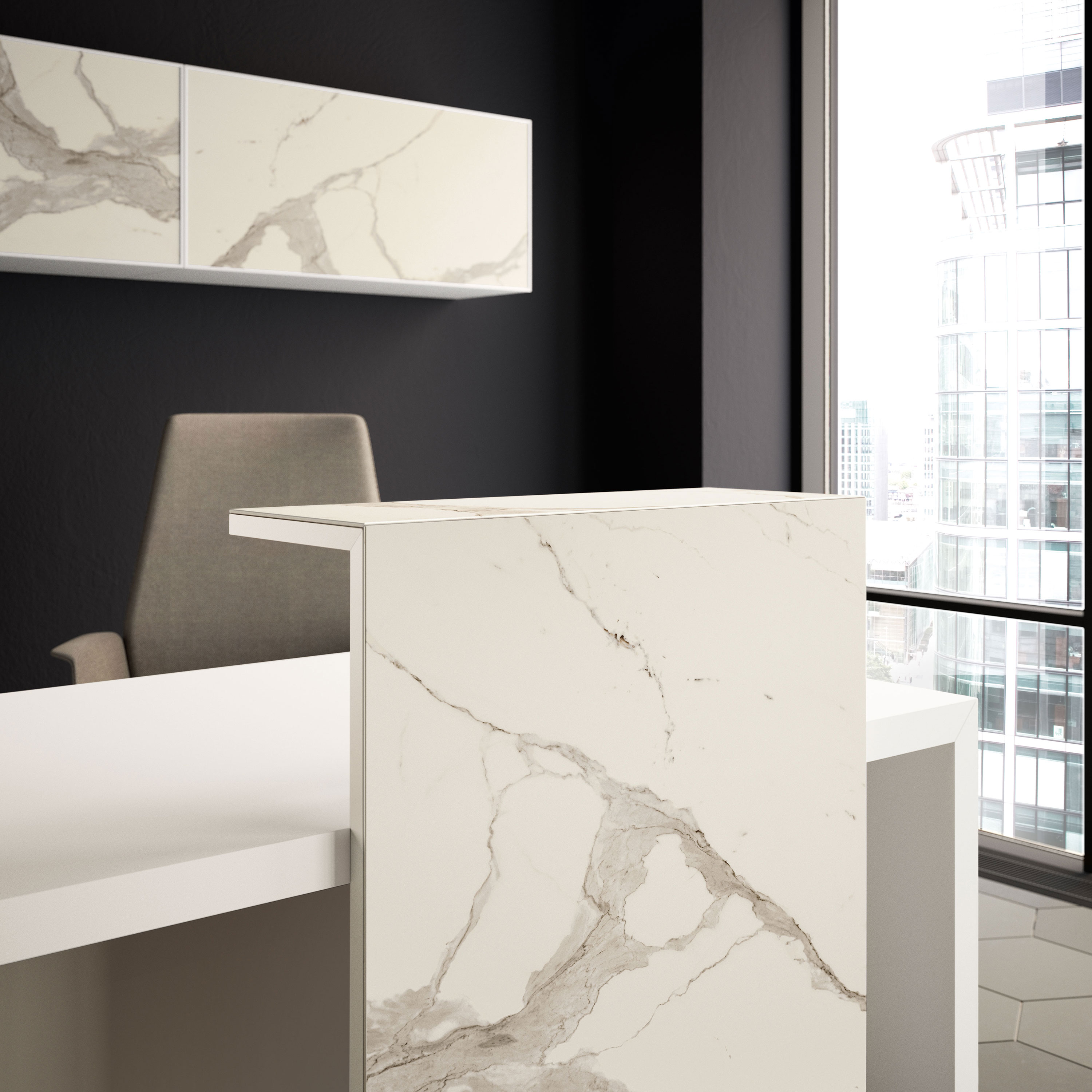 Banco reception in legno con mensola in Laminam® UNIVERSE | Banco ...