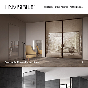 Linvisibile presenta Linea: Porte in vetro a Bilico Verticale e Scorrevole Centro Parete