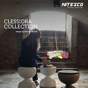Pouf e tavoli in acciaio Clessidra Collection firmata Simone Micheli per Nitesco 
