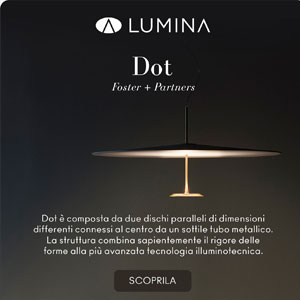 Dischi di luce connessi da un sottile tubo metallico: Dot by Lumina