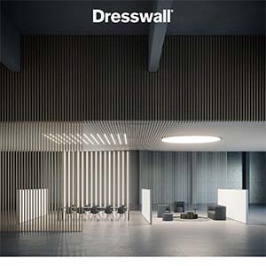 Sistema modulare integrato a doghe, DresswallStripes: divisori di spazi e illuminazione integrata