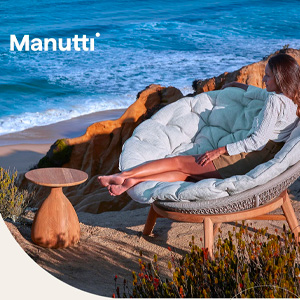 Manutti Sandua Collection: gusci intrecciati sostenuti da basi in legno