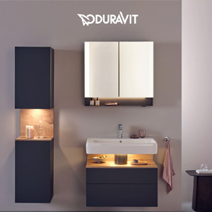 Collezione bagno personalizzabile Qatego: mobili lineari e sanitari dalle forme arrotondate Duravit