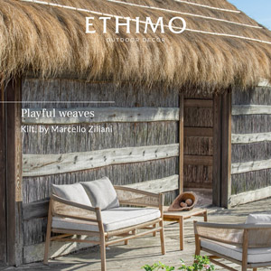 Arredi outdoor in corda e teak Ethimo collezione Kilt: gioco di intrecci
